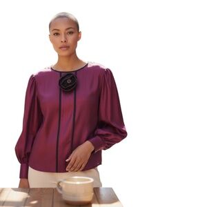 Vintage‎ Jeanne Marc Magenta Long Sleeve Black Trim Flower Appliqué Women's Top